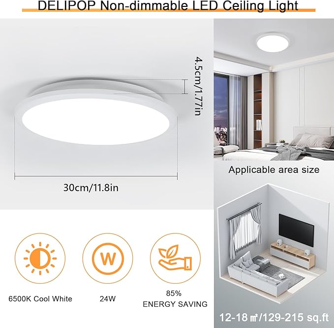 DELIPOP 2 Pack 12 Inch LED Flush Mount Ceiling Light, 24W Surface Flat LED Ceiling Light for Indoor/Outdoor, IP54 Waterproof Round Ceiling Light Fixture for Bathroom, Bedroom, Kitchen, Hallway