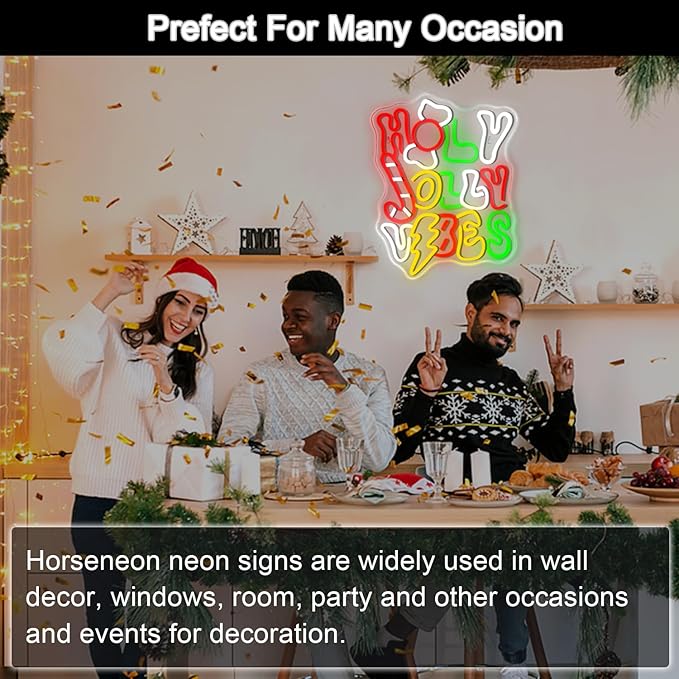 Horseneon Holy Jolly Vibes Neon Sign, Merry Christmas Neon Sign for Wall Decor, USB Powered LED Sign for Christmas Party, Home, Bedroom, Living Room, Bar