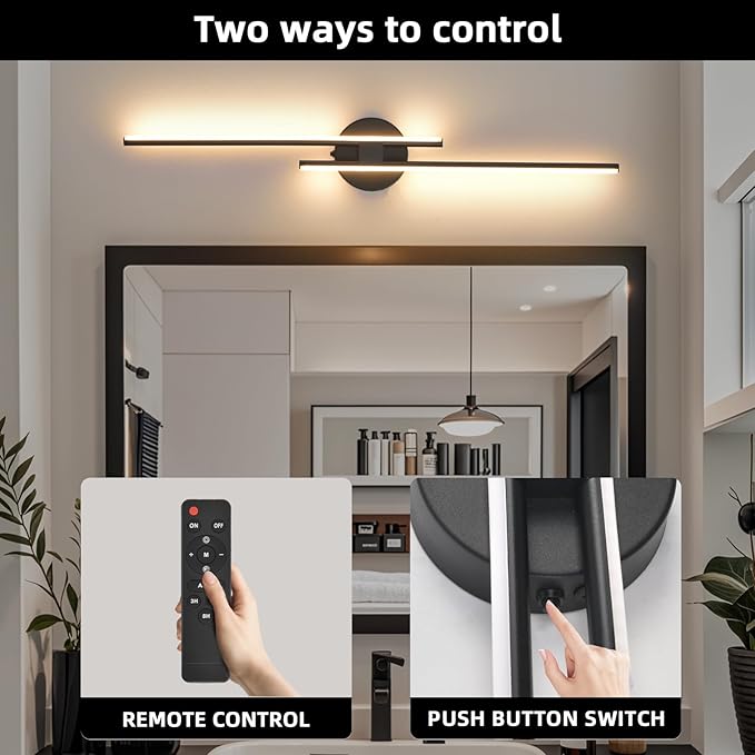 Rechargeable Battery Operated Wall Sconce Set Of Two, Black Wireless LED Wall Sconces With Remote Control, Dimmable 3 Colors Cordless wall lights for Living Room, bedroom, Hallway, 31.4 Inch ( 2pcs)