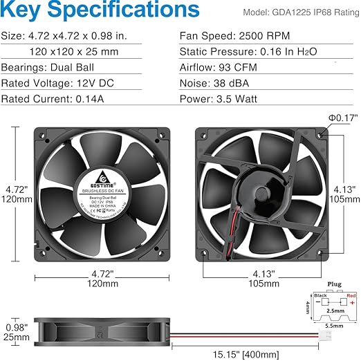 GDSTIME IP68 Waterproof Fan 120mm x 25mm 12V DC Brushless Computer Case Cooling Fan Dual Ball Bearings 2 Pin for RV Fridge Ventilation, 2 Pack