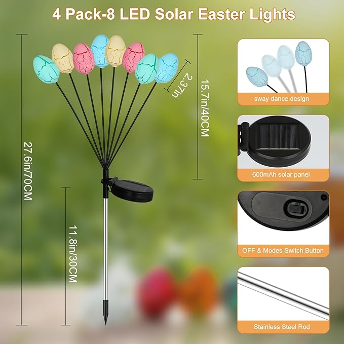 4 Pack Solar Easter Egg Lights, Colorful Garden Swaying Firefly Light Outdoor Easter Lights Waterproof Solar Stake Light for Pathway Landscape Lawn Yard Porch Patio Spring Easter Decoration