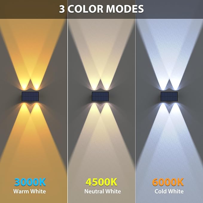 Solar Fence Lights,8Pack Solar Lights Outdoor 2700/4500/6000K 3 Mode Up & Down Solar Wall Lights Waterproof 100 Lumens Solar Powered Fence Light for Backyard/Pool/Railing/Patio/Porch/Step