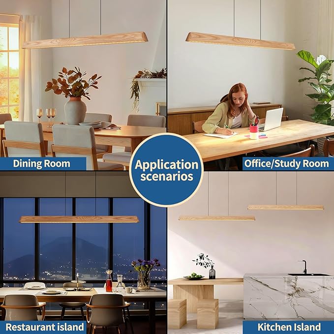 Wood Linear Pendant Light, Dimmable Kitchen Island Lighting with Remote, 30W LED Island Lights for Kitchen, Adjustable Linear Chandelier for Dinning Room Light Fixture (Natural Ash, 45in)