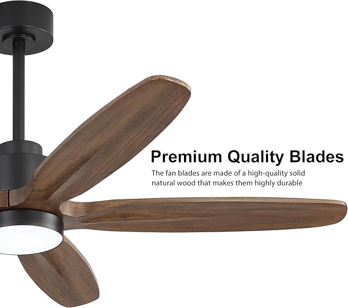 WINGBO 54" Ceiling Fan with Light - 5 Carved Solid Wood Blades, 6-Speed Reversible DC Motor, Dimmable, 3CCT, Noiseless Remote Control Ceiling Fans with Lights for Bedroom Living Room, Black and Wood
