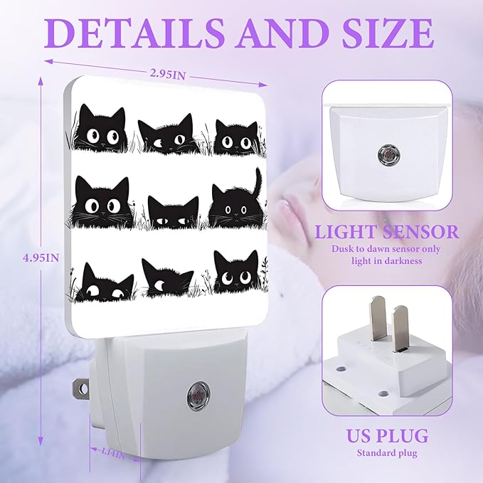 Black Cat Night Light,Cute Cat Plug-in Night Lights with Dusk-to-Dawn Sensor for Bedroom,Bathroom and Living Room Sleep Friendly lamp 0.5w