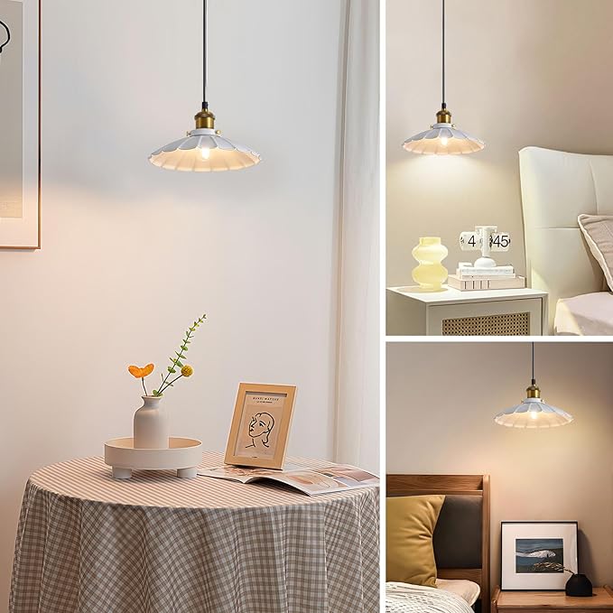 Plug in Pendant Light Industrial 9.8 Inch White Lampshade Kitchen Island Hanging Lamp Plug in Adjustable Cord Hanging Lights for Bedroom and Living Room