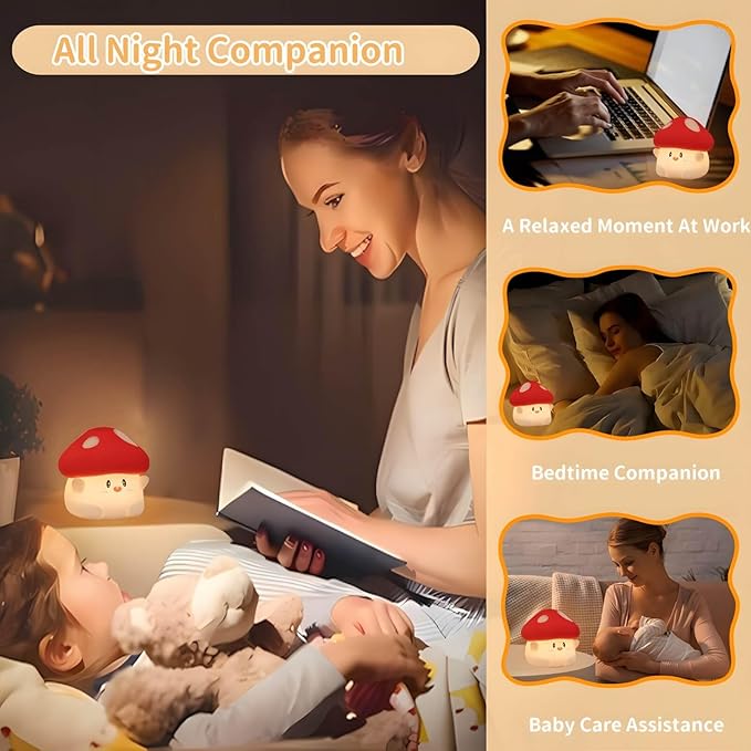 Mushroom Night Light Squishy Lamp, 50Hrs Battery Kids Nightlight, Tap Control, 30Min Auto-Off, Rechargeable Kawaii Bedside Lamp for Girls Room Decor, [Easter Gifts]
