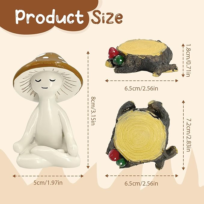 Meditation Mushroom Decor Resin Statue and Stump - Adorable Resin Ornament for Desk, Office, or Garden Display, Mushroom Garden Decoration