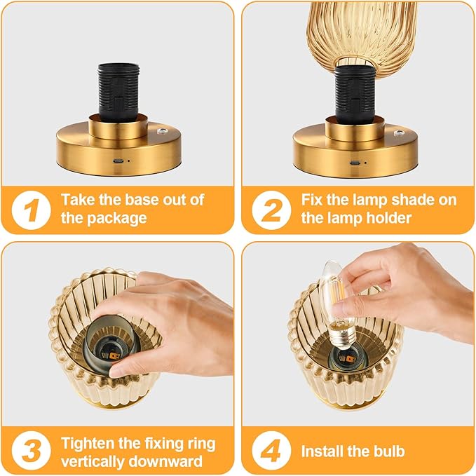 Table Lamp for Bedroom, Cordless Small Bedside Lamp, Touch Dimmable Rechargeable Lamp Battery Operated with Amber Glass Shades for Night Stands, Living Room, Desk, Bulb Included