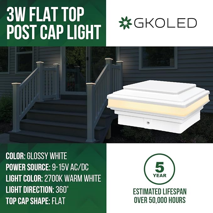 GKOLED Flat Top Post Light, 9-15V AC/DC 3W IP65 Waterproof Outdoor Deck Lighting, 2700K LED Fence Cap Lights for 3.5x3.5 4x4 Wood or Vinyl Posts, White