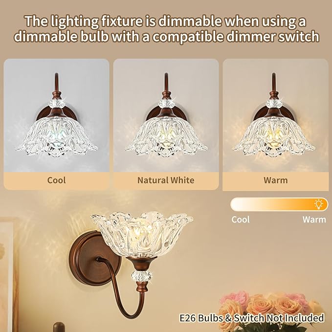1-Piece Oil-Rubbed Bronze Vintage Wall Sconce with Floral Etched Clear Glass Shade, Farmhouse Wall Mount Lighting for Bathroom,Vintage Bathroom Vanity Light Fixtures