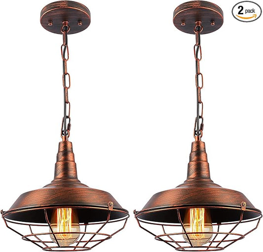 Industrial Pendant Lights Kitchen Island 2 Pack Farmhouse Hanging Light Fixtures with Adjustable Chain, Rustic Pendant Lighting with Metal Wire Cage for Barn Dining Room Hallway Foyer