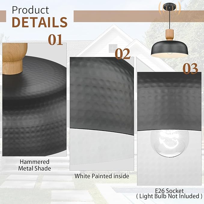 Darkaway Dusk to Dawn Industrial Pendant Light Fixtures Ceiling Hanging with Hammered Metal Shade, 2pcs Black Pendant Light for Outdoor Porch Lighting Hanging Lamp Adjustable Height