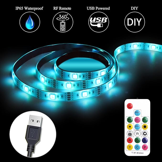 USB Powered LED Strip Light Rainbow TV Backlight 9.8FT/3M RGB Chasing Led Lights Waterproof USB Lights Strip with RF Remote TV/PC Background Bias Lighting Cuttable Strip Lights for DIY Decoration