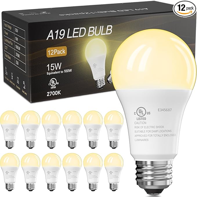 TJOY LED Light Bulbs, 100 Watt Equivalent A19 LED Bulbs, Soft Warm White 2700K, Energy Saving Lightbulbs with E26 Standard Base, 1500 Lumens Non Dimmable Lamp for Home Bedroom Kitchen, 12 Pack