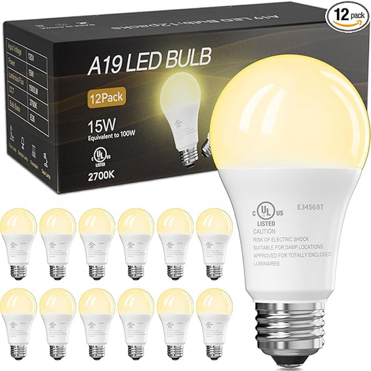 TJOY LED Light Bulbs, 100 Watt Equivalent A19 LED Bulbs, Soft Warm White 2700K, Energy Saving Lightbulbs with E26 Standard Base, 1500 Lumens Non Dimmable Lamp for Home Bedroom Kitchen, 12 Pack