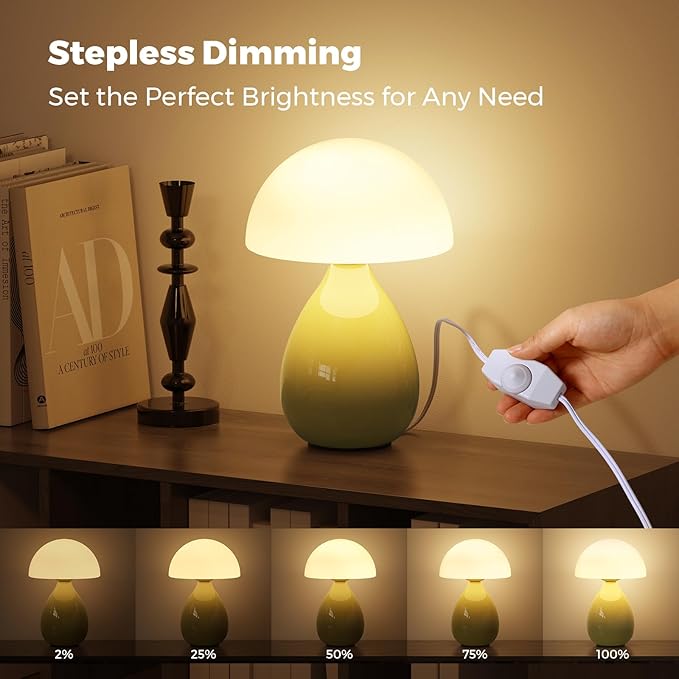 Mushroom Lamp, Vintage Small Table Lamp for Bedroom, Ice Crack Ceramic LED Night Light for Kids, Mid Century Modern Bedside Lamp for Nightstand, Living Room, Home Decor Gift Ideas for Women, Yellow