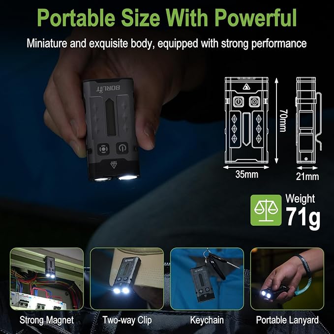 BORUIT EV20L LED Rechargeable Small EDC Flashlight with Green Beam,Pocket Keychain Flashlights with RGB Side Light,IP66 Waterproof,Clip & Tail Magnet for Outdoors Emergency Camping,Aluminum Black