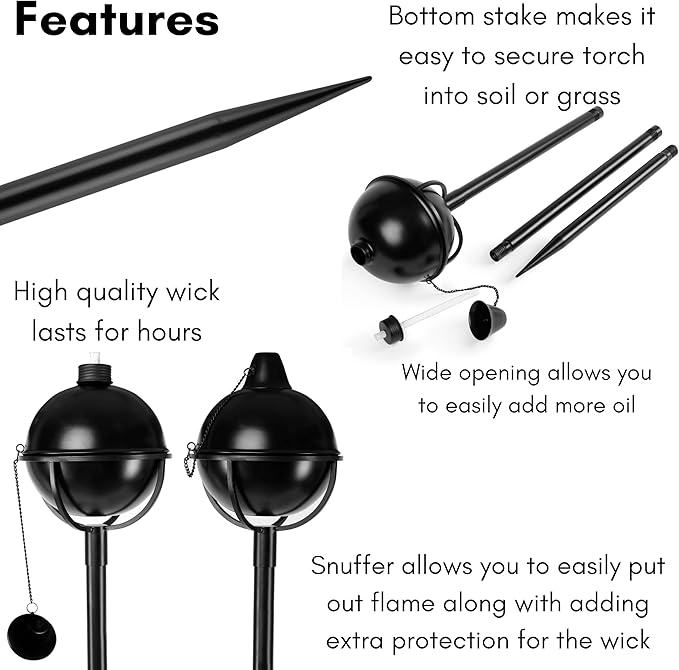 BIRDROCK HOME Outdoor Torches - Durable Construction, Modern Design, Weather Resistant, Citronella Oil Compatible, Ideal for Backyards, Patios, Pathways - Bora Bora Black, 4 Pack