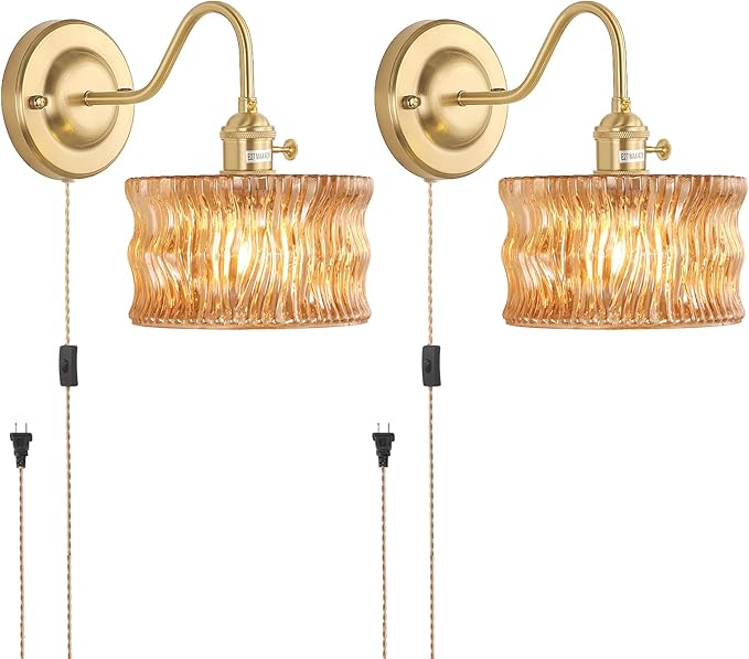Plug in Wall Sconce Set of 2, Gold Vintage Wall Lights with Amber Ripple Glass Shade, Indoor Brass Corded Wall Lamp Fixture for Bedroom Living Room Bathroom Hallway