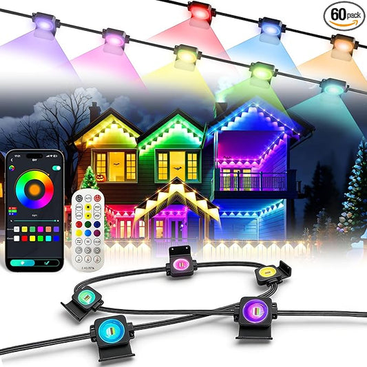 Permanent Outdoor Lights Pro,100ft RGB+IC Smart Outdoor Decor,App/Remote,Christmas,Halloween,Multi Scene Modes,IP67 Waterproof,Eaves Light with Daily & Holiday Party Decor,House Roof Lighting