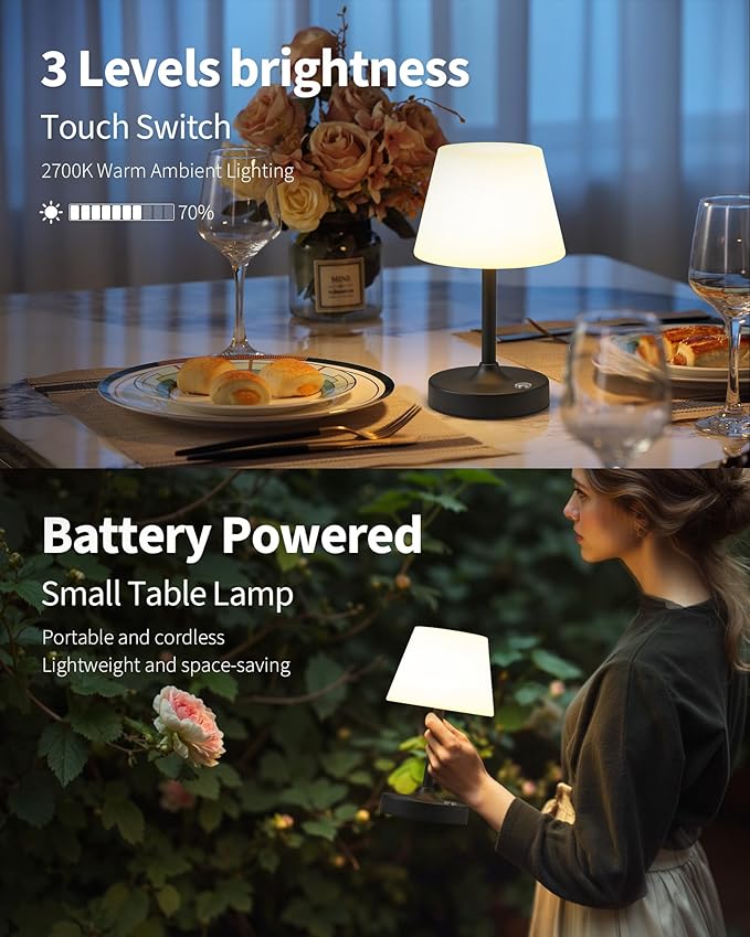 PUSU Cordless LED Black Small Table Lamp, Waterproof Shower Light with 4000mAh Battery, Portable Rechargeable Touch Dimming Night Light for Bathroom, Outdoor Camping, Kitchen, Patio, Restaurant