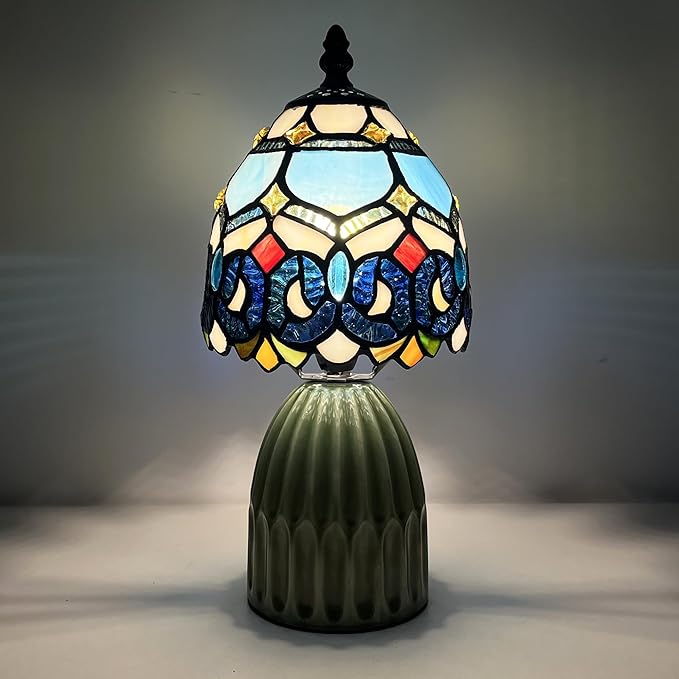 Tiffany Lamp Stained Glass Mushroom Table Lamps 6X6X12.5 Inch Blue Jewelry Baroque Style Small Night Light Ceramic Base Mini Accent Desk Light Suitable for Bedside Table Bedroom Children Room