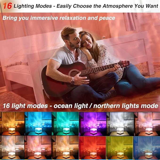 Ocean Lamp Water Light Projector – Ocean Wave Projector Light with 16 Colors & Remote, Cube Water Ripple Lamp Mood Lighting for Bedroom Ceiling, Room Decor Night Light Gift(Wood)