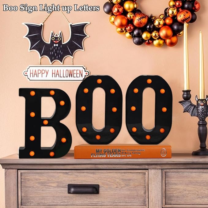 Halloween Decorations Indoor-Boo 3 Led Marquee Light up Letters Halloween Decor Boo Signs Light for Home Fireplace Room Desk Mantel Wall Table Bedroom Kitchen Vintage Gothic Party Supplies Ornaments