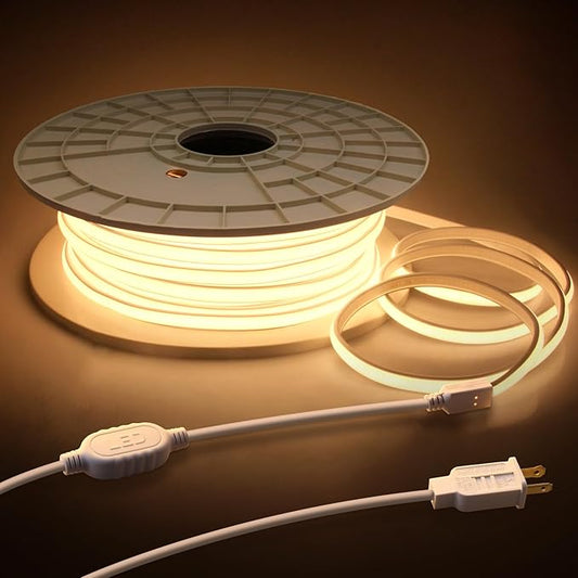 120V Led Rope Lights Outdoor Waterproof 150FT 3000K Flexible COB Led Strip Lights Plug in 288Leds/M Warm White High Density Dotless Led Lights for Patio Garden Deck Christmas Decor