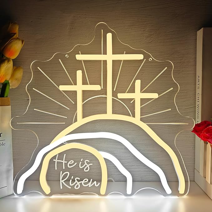 Empty Tomb Easter Neon Sign Dimmable He Is Risen Led Sign Christian Resurrection Cross Neon Lights Calvary Light Up Jesus Nativity Scene Religious Wall Decor