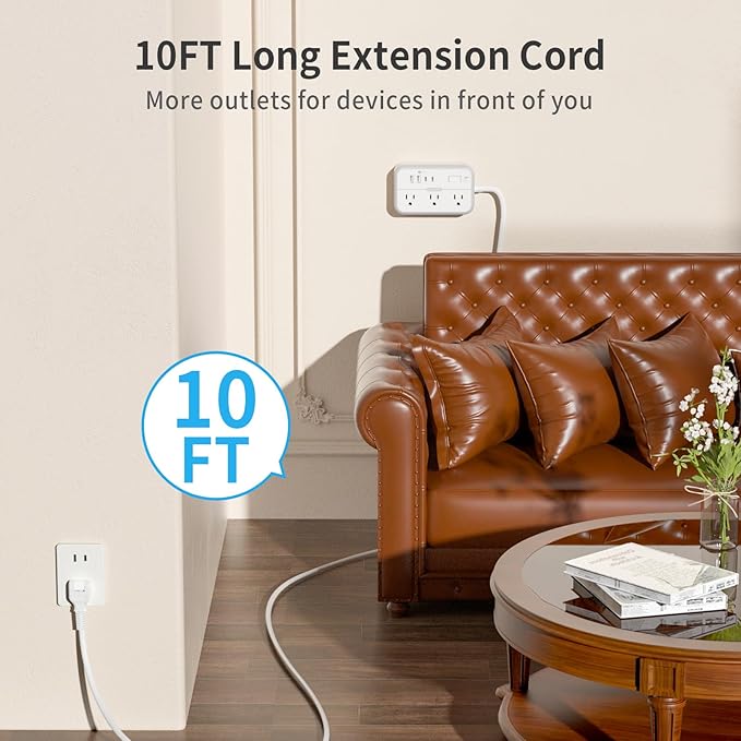 NTONPOWER 10FT Extension Cord 2 Prong, 2 Prong to 3 Prong Outlet Adapter, 1875W 2 Prong Power Strip with 4 USB Ports(2 USB C),Wall Mount Flat Plug Extension Cord Old House