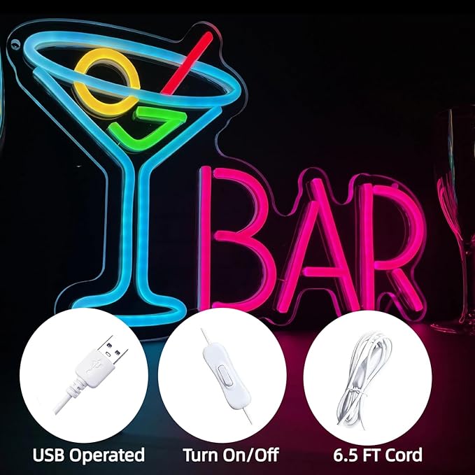 Neon Bar Sign - USB-Powered Blue Bar Wall Decor for Home Bar, Man Cave & Gaming Room, Multi-Scene LED Lighting with 3D Effects
