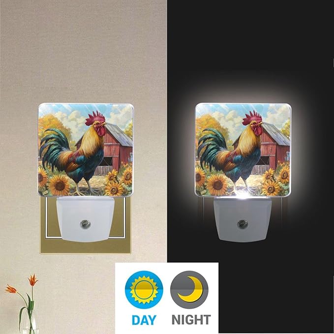 Rooster Farmhouse Night Light 2 Pack Dusk to Dawn Sensor Led Lamp for Women Men Night Lights Plug into Wall Decor for Bedroom Kitchen Corridor, 0.5W