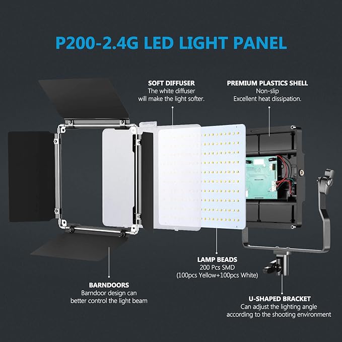 Neewer 2-Pack 2.4G LED Video Light with 2M Stand Bi-Color 200 SMD CRI 96+/U-Bracket/Barndoor/LCD Display Video Lighting Kit for Studio Photography, Remote/Case Included