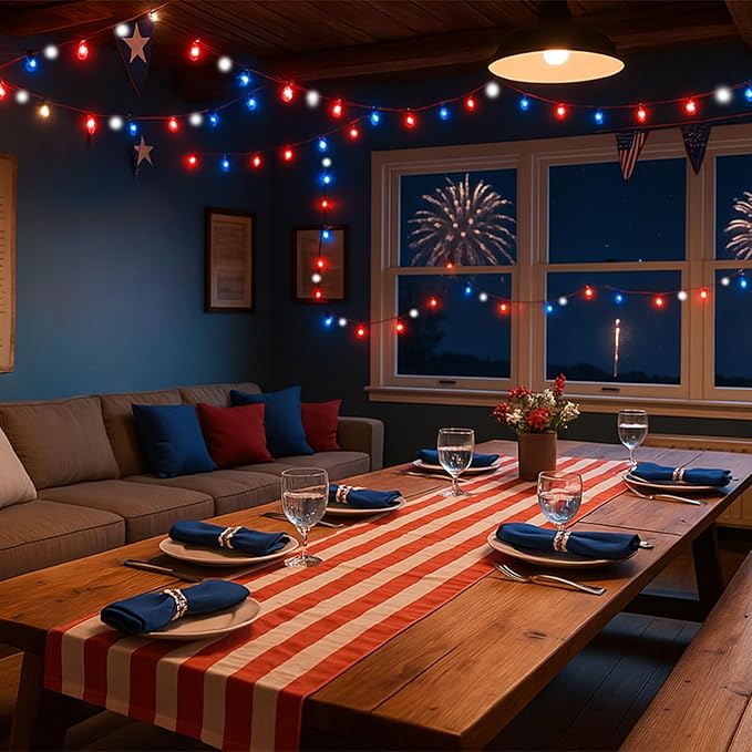 LAMPHOME Red White and Blue Patriotic String Lights, 66ft 200 LED Fairy Lights Plug in, 16 Modes 4th of July Lights Outdoor Waterproof for Independence Day Memorial Day Patriotic Window Decor