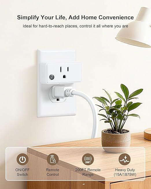 Remote Control Outlet, 200FT Long Range Wireless Light Switch, Mini Electrical Outlet Plug, 15A/1875W High-Power for Lamps, Lights, Household Appliances, FCC & ETL Listed