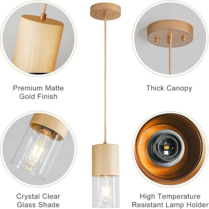 3-Pack Gold Pendant Light Fixtures, Adjustable Modern Pendant Lights for Kitchen Island, Industrial Clear Glass Pendant Lights for Dining Table Hallway Bedroom Living Room