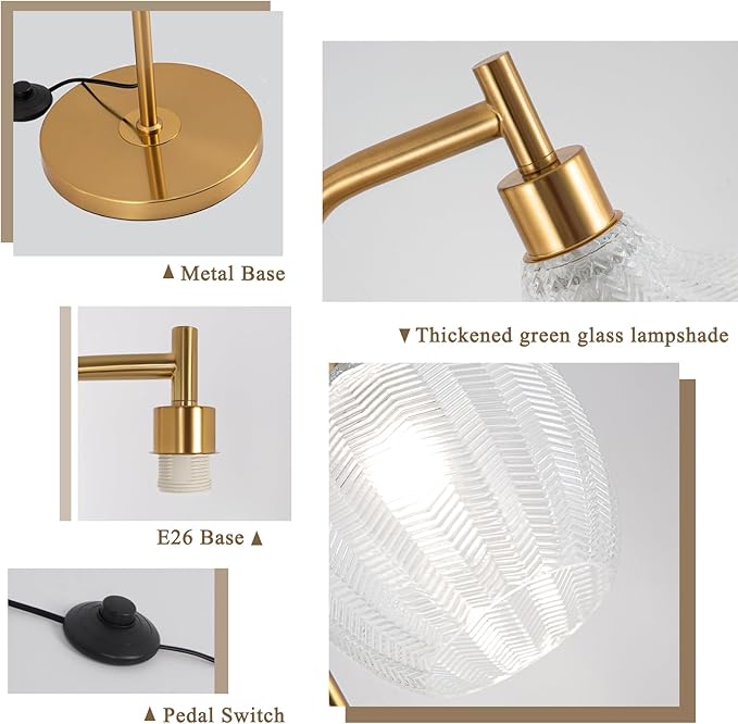 Gold Floor Lamp for Living Room, Modern Standing Lamp with Remote, Dimmable Clear Glass Tall Lamp, Mid Century Vintage Floor Lamps for Bedroom, Study Room (Clear)