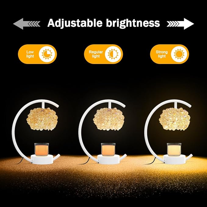 White Candle Warmer Lamp for Jar Candles with Adjustable Brightness＆Timer，Handcrafted Crystal＆Wooden Base,Candle Lamp Luxurious Design+2Bulbs,Home Decoration Electric Candle lamp(C-Shaped)