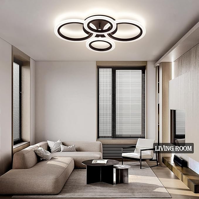 34W Modern LED Ceiling Light, 3000K-6000K Dimmable Ceiling Lighting Fixtures Ceiling Mount 4 Rings Black LED Chandelier Bedroom Lights Flush Mount with Remote for Kitchen, 2720LM