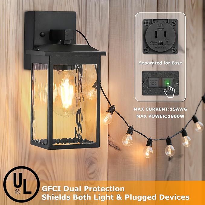 Porch Lights with GFCI Outlet, Dusk to Dawn Outdoor Wall Lighting with Water Rippled Glass Shade, Waterproof Exterior Light Fixture Black Outside Lights for House Front Door Garage Patio (E26 Base)