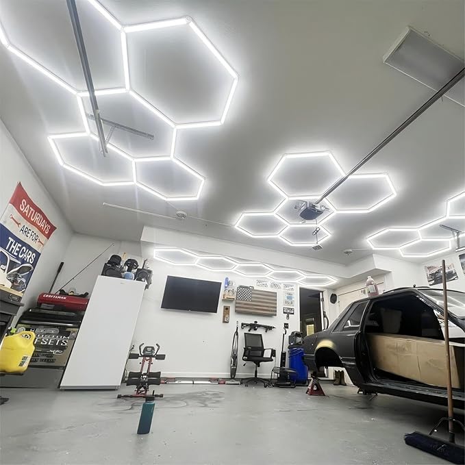 Hexagon LED Garage Lights 26400LM Super Bright Car Detailing Ceiling LED Shop Light for Warehouse Workshop Gym Basement Car Care Wash Room