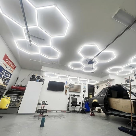 Hexagon LED Garage Lights 26400LM Super Bright Car Detailing Ceiling LED Shop Light for Warehouse Workshop Gym Basement Car Care Wash Room