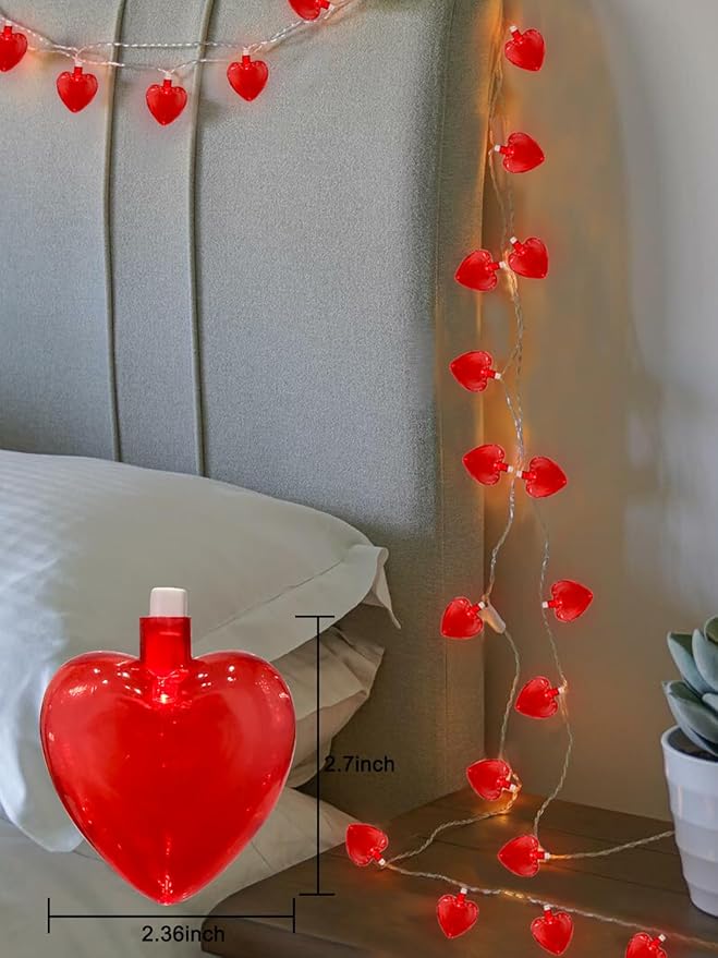SUNSGNE 8.5Ft Red Heart String Lights, Valentines Lights with 10 LED Red Heart Bulbs for Valentine Mother's Day Wedding Anniversary Party Christmas Decor