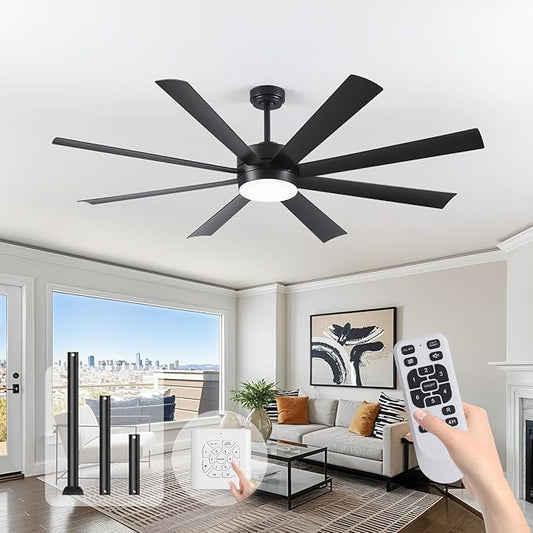 60 Inch Ceiling Fans with Lights, Ceiling Fans with Lights and Remote, Dimmable, Indoor/Outdoor Black Modern Ceiling Fan for Kitchen Living Room Patio, Shop Industrial, Dual Finish 8 Blades