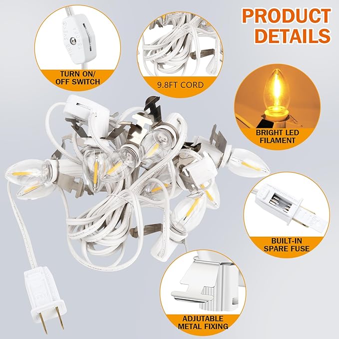 Christmas Village Lights, C7 Blow Molded Light Cord with 6 LED Bulb.9.8Feet Suitable for Christmas Village Houses, Halloween Holiday，Holiday Lighting - Warm Light