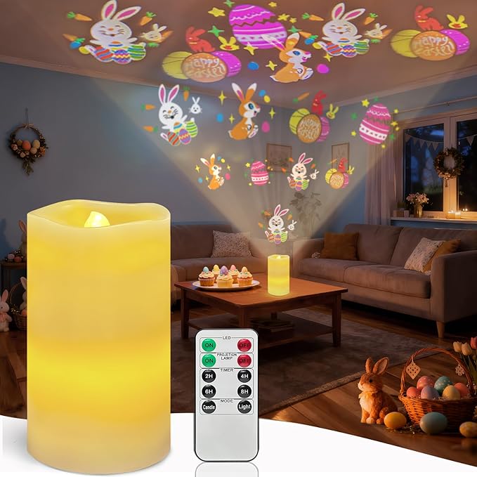 Easter Flameless Candle Projector Light, Easter Decorations Candles Lamp with Cute Bunny/Egg Projection, Battery Operated LED Candle with Remote Timer for Spring Table Home Decor (Ivory - Easter)