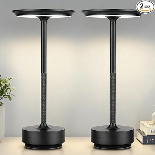 2-Pack Rechargeable Cordless Table Lamps – 5000mAh LED Touch Lamps with 3 Color Modes & Stepless Dimming – Metal Table Lights for Dining, Patio, Bedroom, Camping, Restaurant(Black)