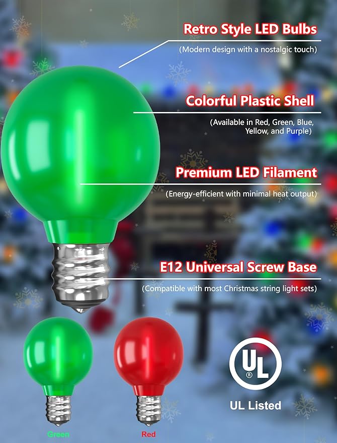 25 Pack Frosted Red Green G40 LED Light Bulbs – 0.6W E12 Base Replacement Bulbs for Christmas Lights, String Light Bulb for Outdoor String Lights, Christmas Tree, Porch, Holiday Decorative Lighting